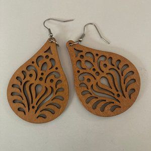 Teardrop Shape, Laser Cut Wood Earrings, Light Brown Natural Earthtone